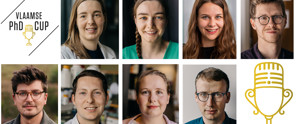 Acht deelnemers van de Vlaamse PhD Cup, met een microfoonlogo rechtsonder.