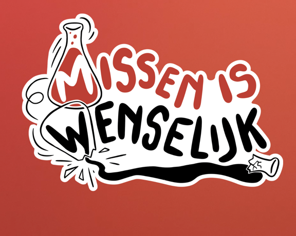 Speelse, kleurrijke tekst met de boodschap 'Missen is wenselijk', naast een afbeelding van een laboratoriumkolf.
