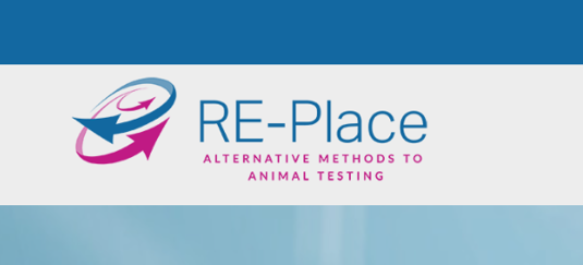 Logo of RE-Place featuring the text RE-Place and the subtitle Alternative methods to animal testing, set against a blue background.