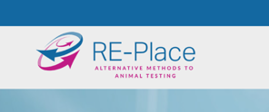 Logo of RE-Place featuring the text RE-Place and the subtitle Alternative methods to animal testing, set against a blue background.