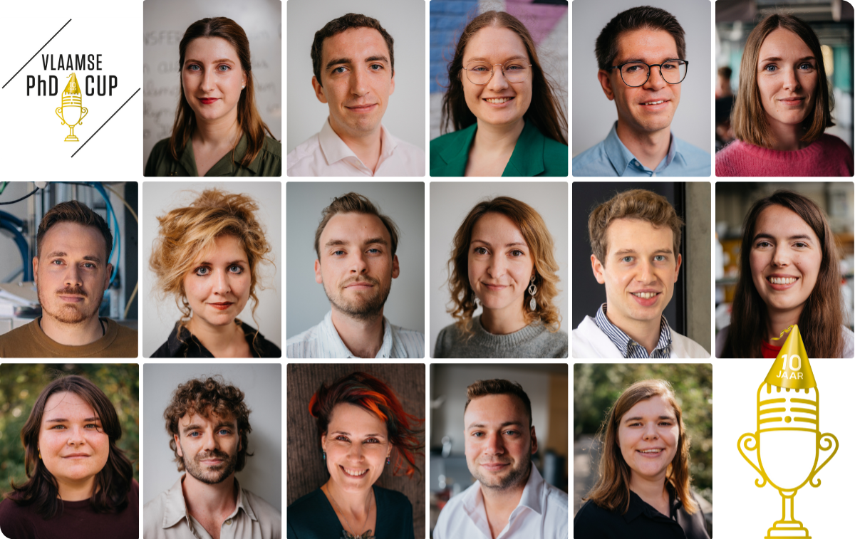 Portretten van deelnemers aan de Vlaamse PhD Cup, met het evenementlogo linksboven.
