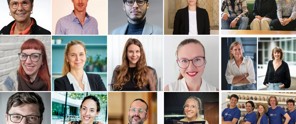 Rijen van portretten van verschillende mensen in een professionele setting, met diverse achtergronden en kledingstijlen.