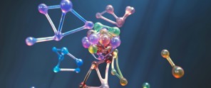 Op een donkere achtergrond zijn kleurrijke moleculen en atomen te zien met lichtreflecties, die wetenschap en onderzoek symboliseren.